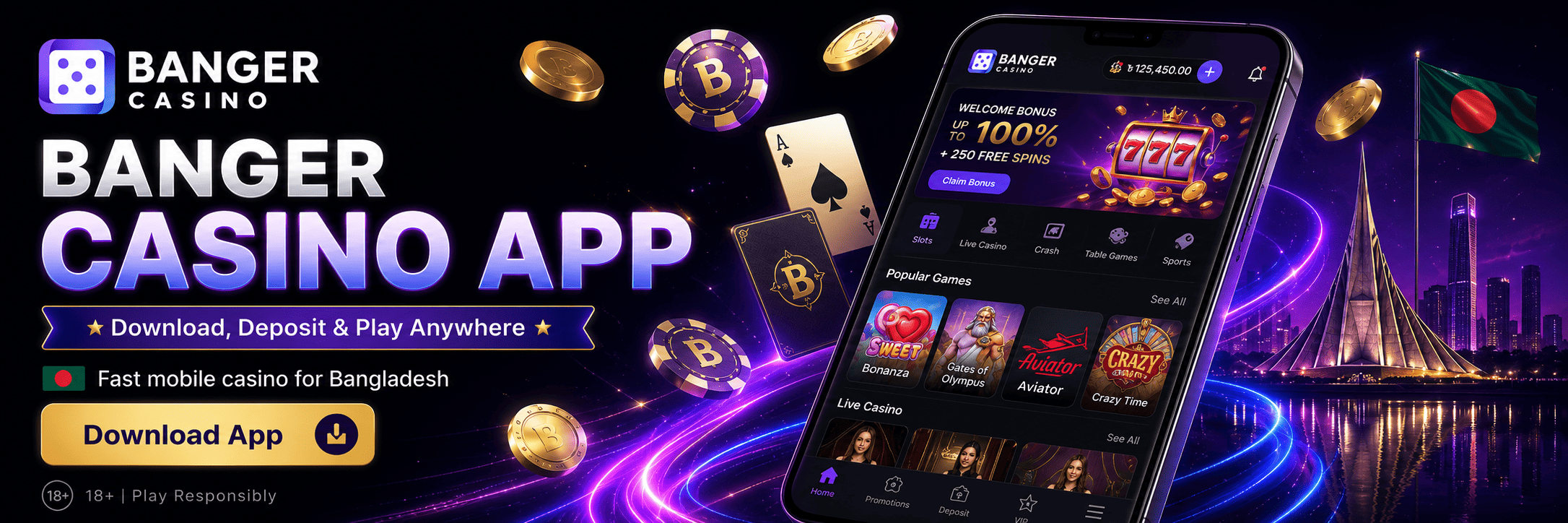Banger Casino app banner with smartphone interface, casino games, Bangladesh flag and download button