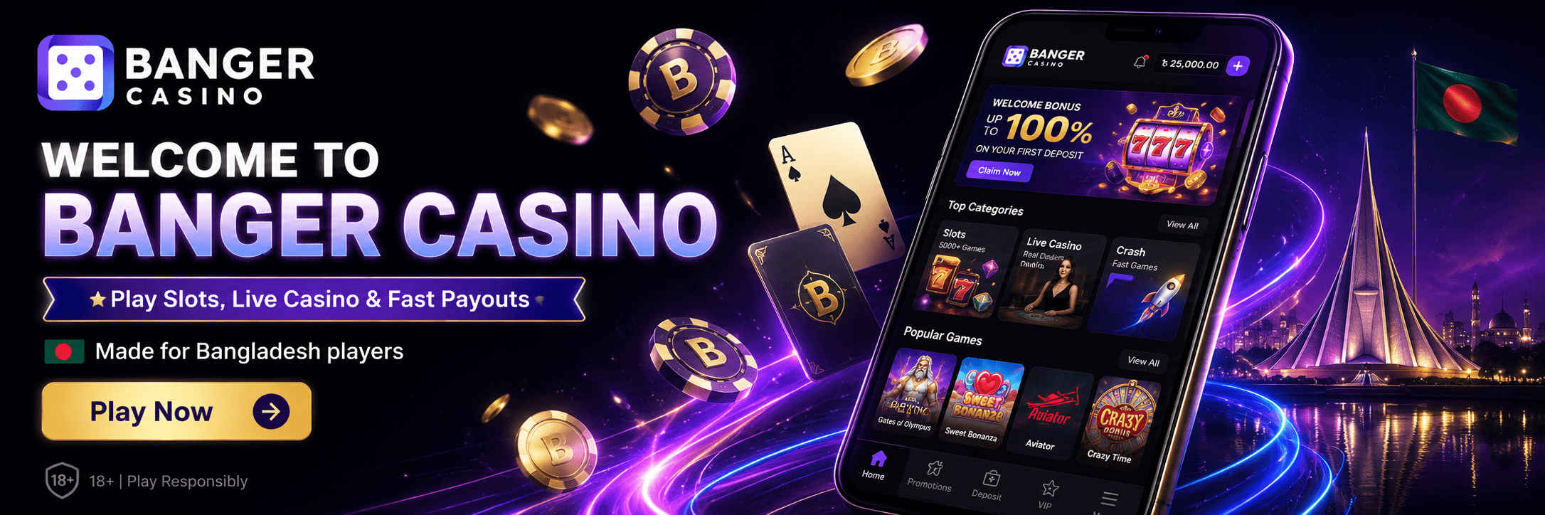 Banger Casino homepage banner with <a href=