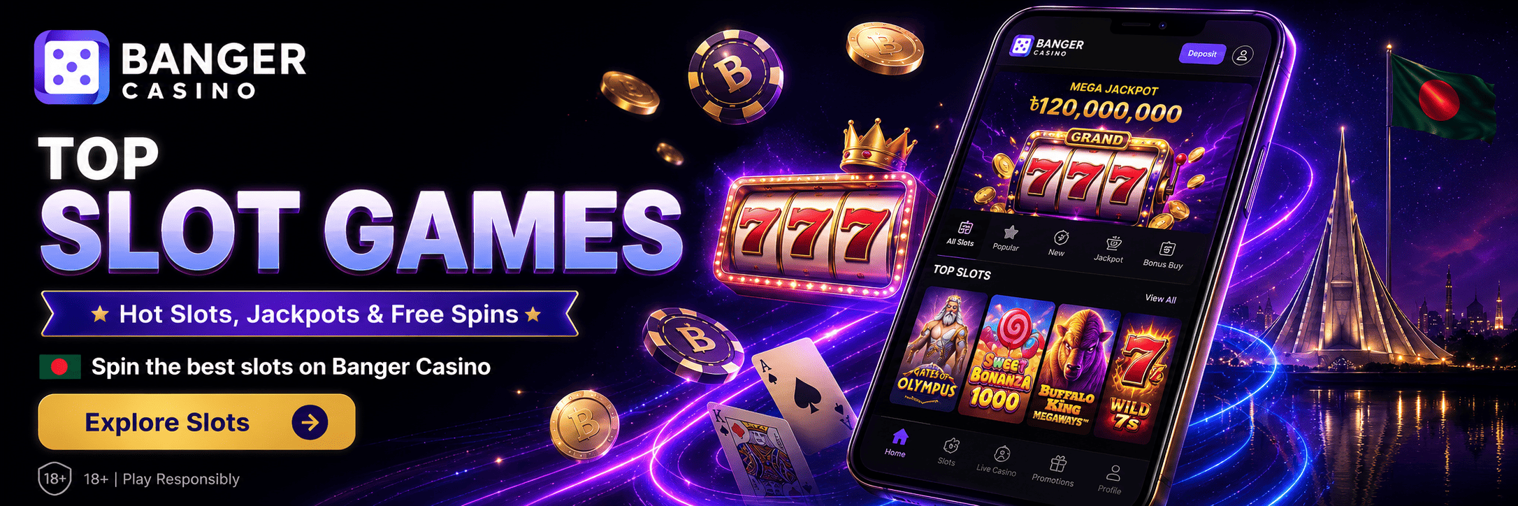 Banger Casino slots banner with jackpot reels, 777 slot machine, top slot games and Bangladesh flag