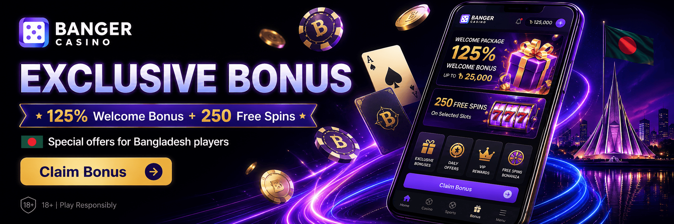 Banger Casino bonus banner with welcome bonus, free spins, gift box, coins and Bangladesh flag